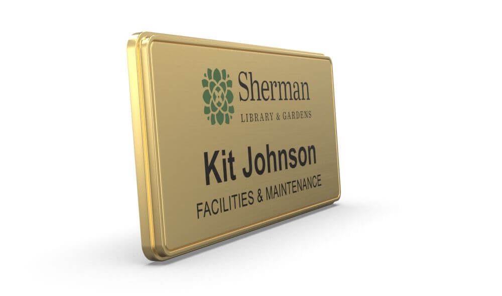 1.5 x 3 inch gold name badge with logo, name and job title, 360 degree view