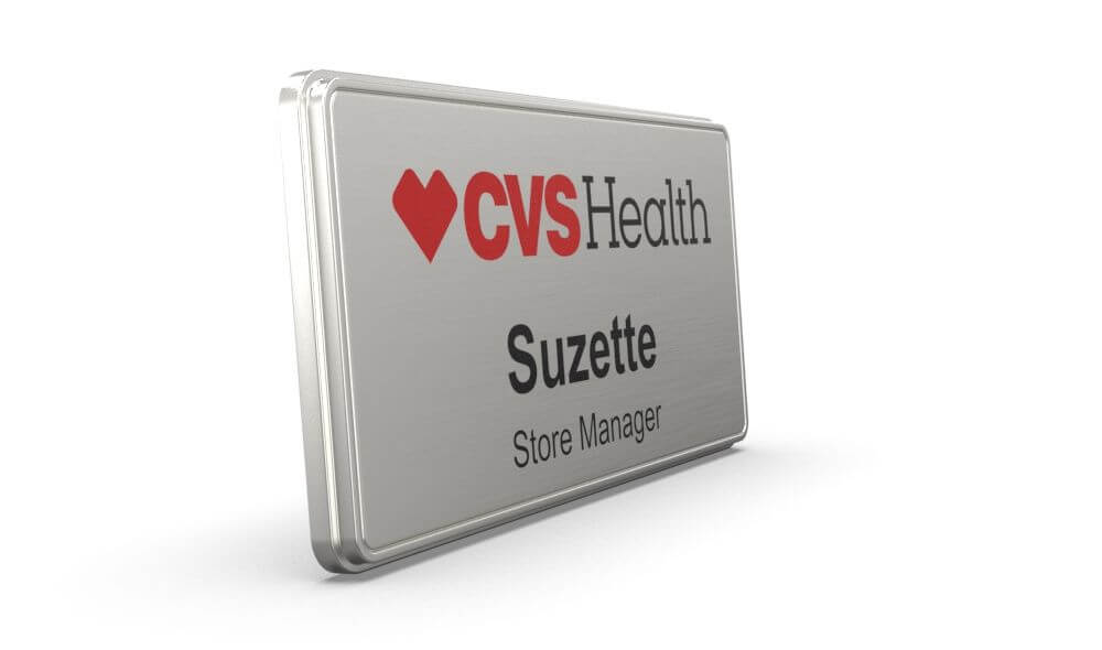1.5 x 3 inch silver name badge with logo, name and job title, 360 degree view