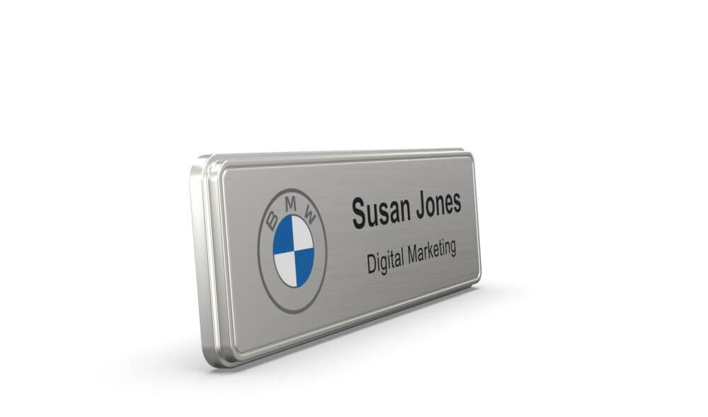 1 x 3 inch silver name badge with logo, name and job title, 360 degree view