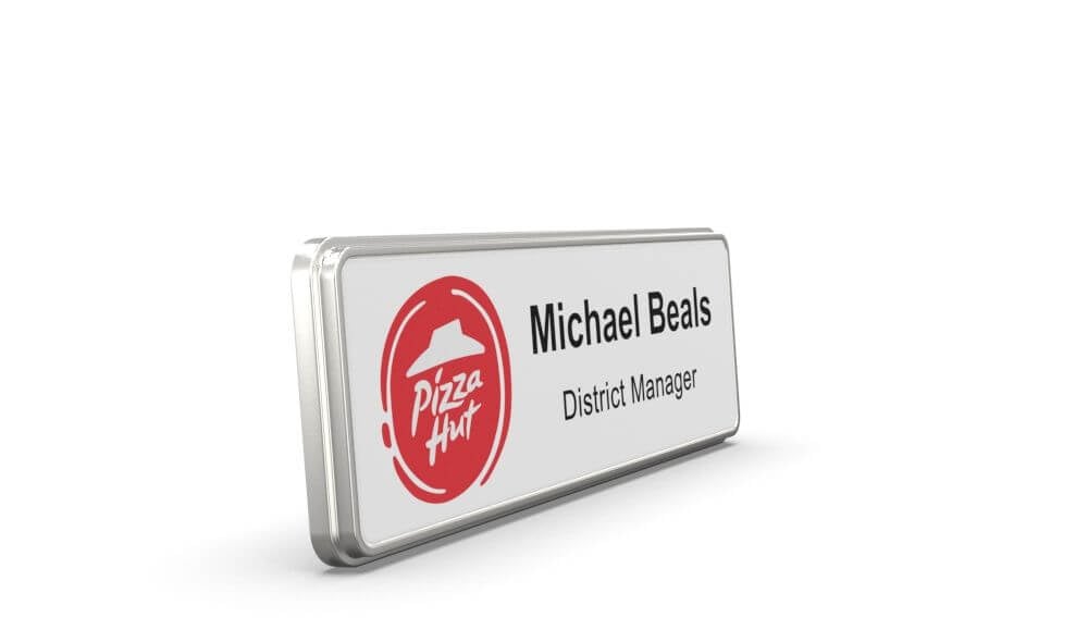1 x 3 inch white name badge with silver frame, logo, name and job title, 360 degree view