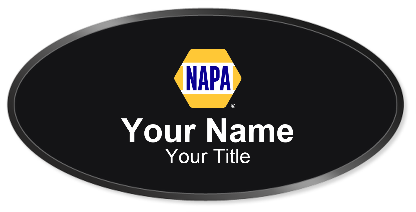 NAPA Auto Parts Name Badge, Black, Black Border Oval 3" × 1.5"