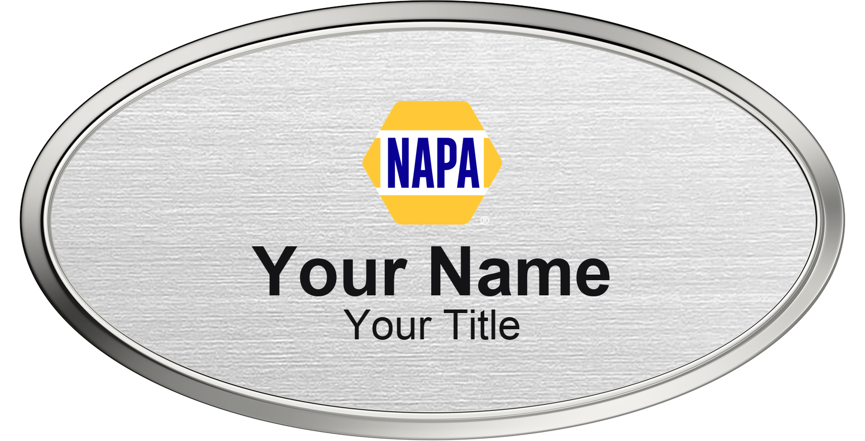 NAPA Auto Parts Name Badge, Silver Metallic, Silver Border Oval 3" × 1.5"