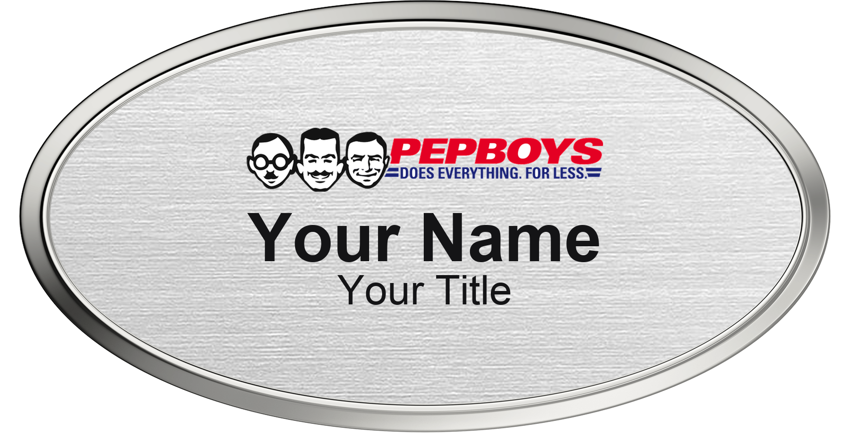 Pep Boys Name Badge, Silver Metallic, Silver Border Oval 3" × 1.5"