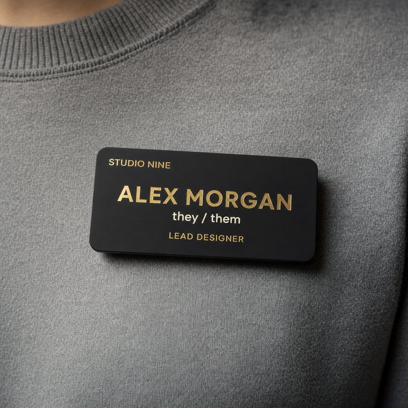 Matte black name badge with gold foil text: Alex Morgan, they/them, Lead Designer