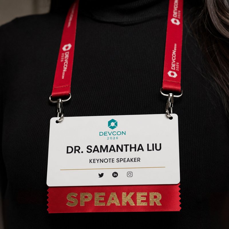 Conference speaker badge with red SPEAKER ribbon and gold lettering