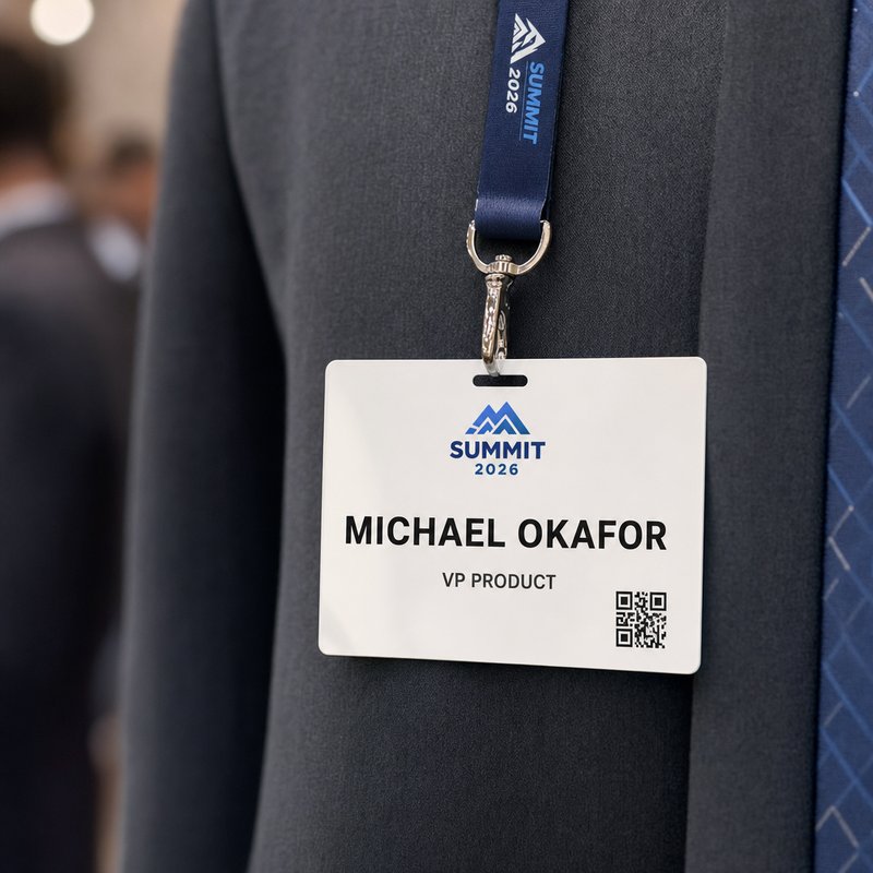 Conference attendee name badge worn on lanyard with optional QR code
