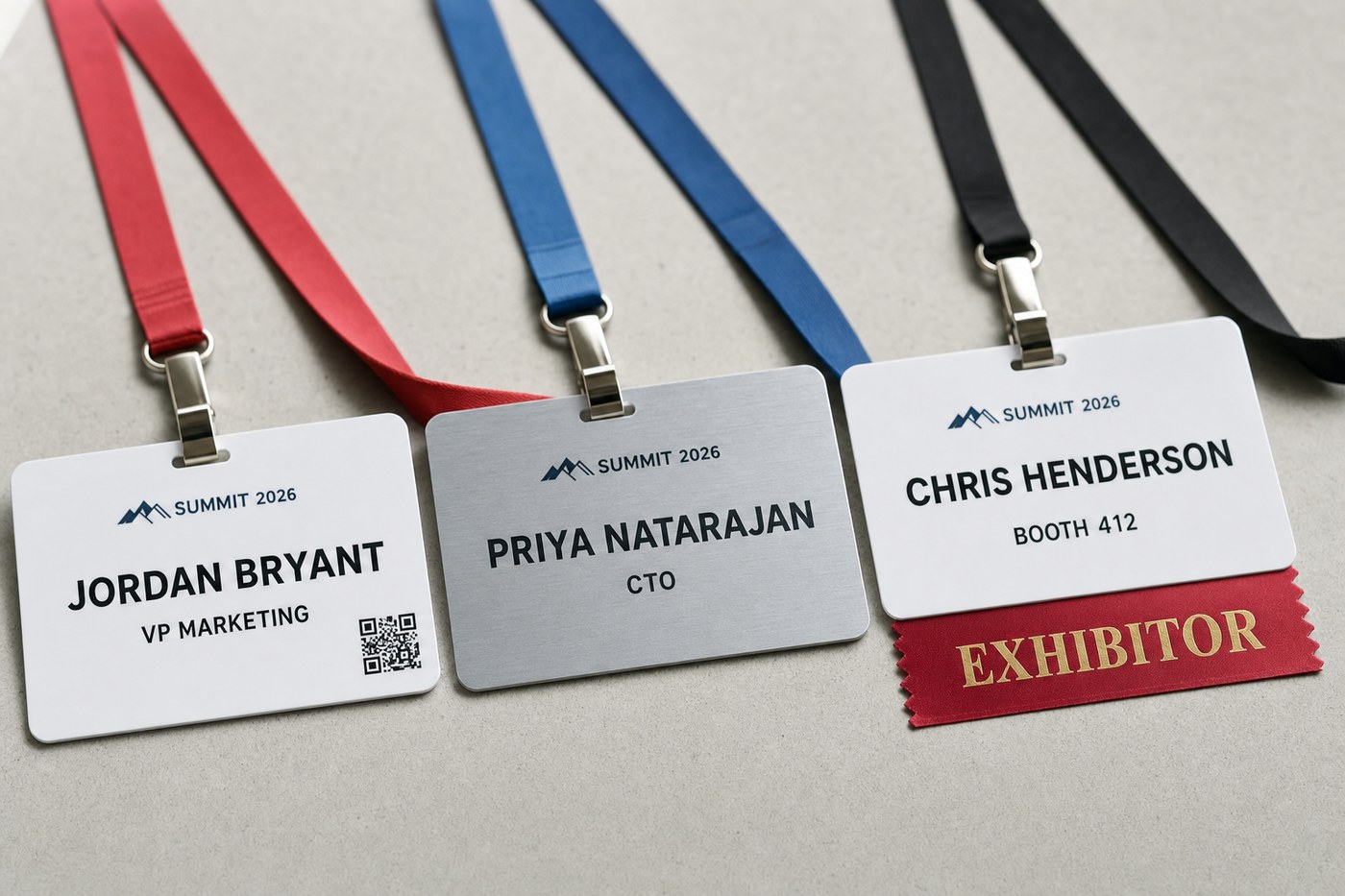 Conference and event name badges showing attendee, speaker, and exhibitor formats