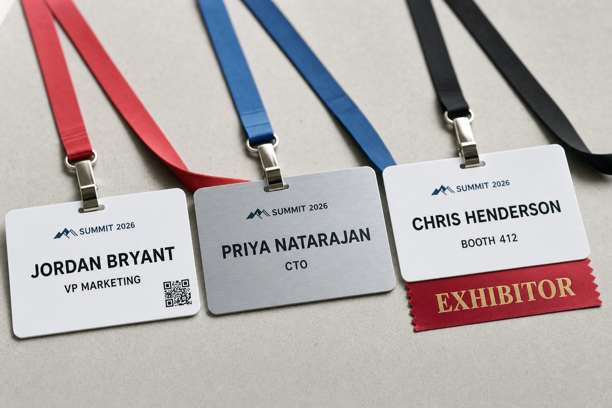 Three conference name badge styles: glossy plastic attendee, brushed aluminum premium, and exhibitor badge with red ribbon