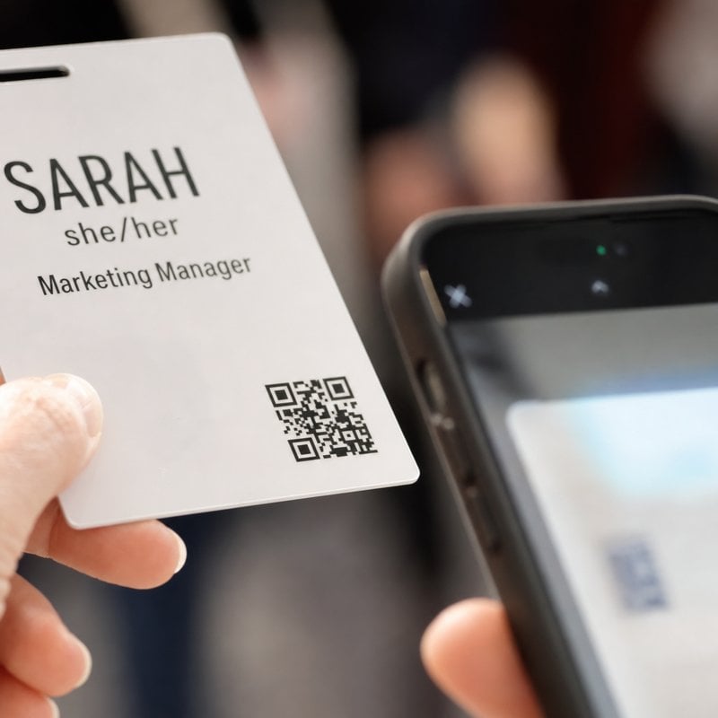 Smartphone scanning an optional QR code on a conference name badge