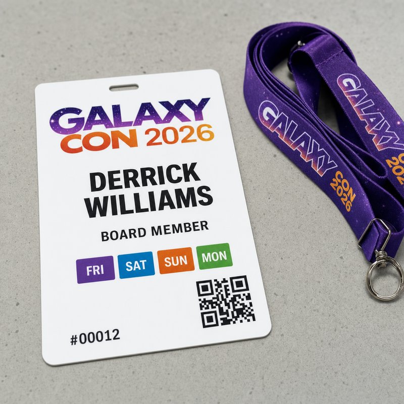 Close-up detail of a large-format convention name badge with multi-day pass squares, board member designation, and QR code