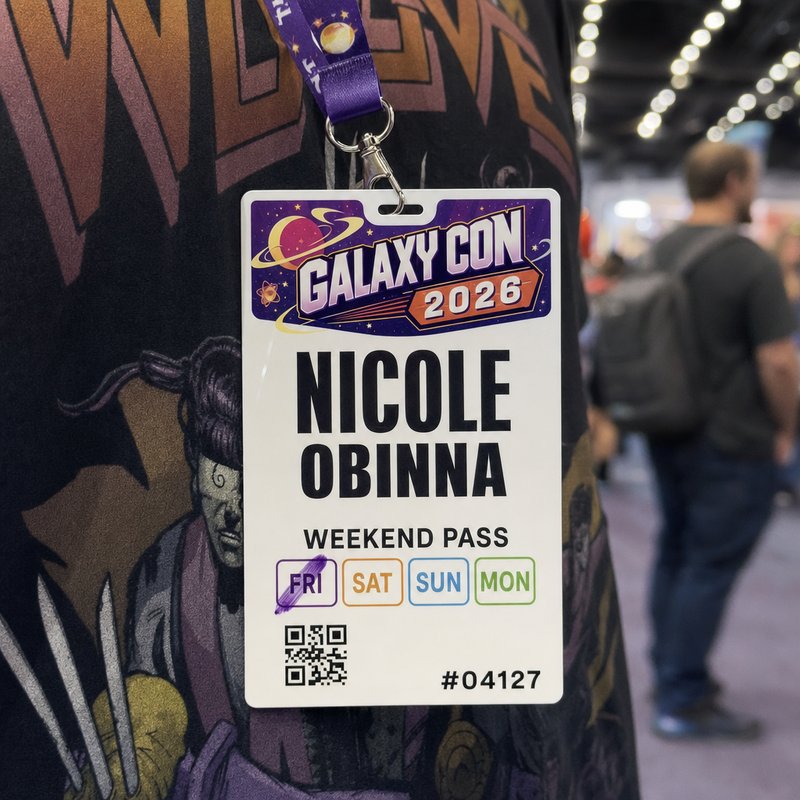 Large-format convention name badge on lanyard with multi-day pass squares and optional QR code