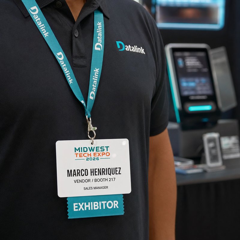 Convention vendor badge with booth number and EXHIBITOR ribbon