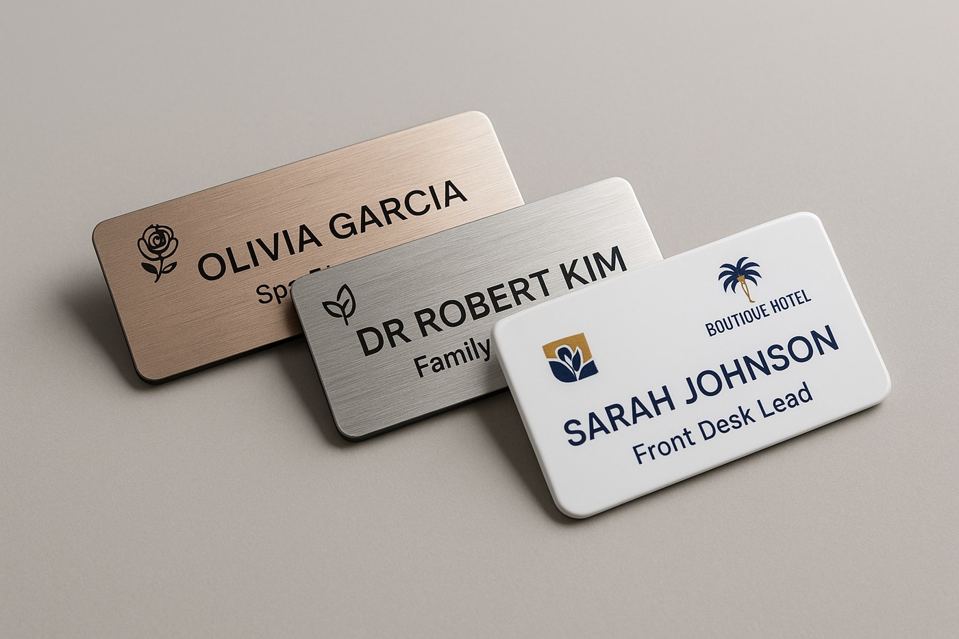Mixed-material employee name badges showing the same logo in different finishes