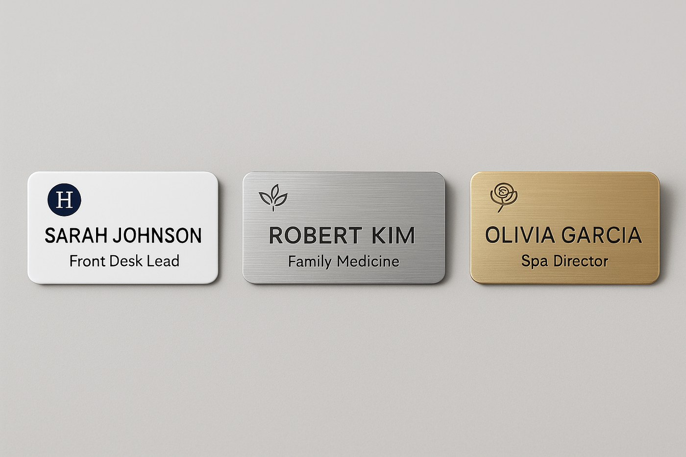 Three custom name badges in glossy white plastic, brushed silver aluminum, and brushed gold metal, each with a different company logo