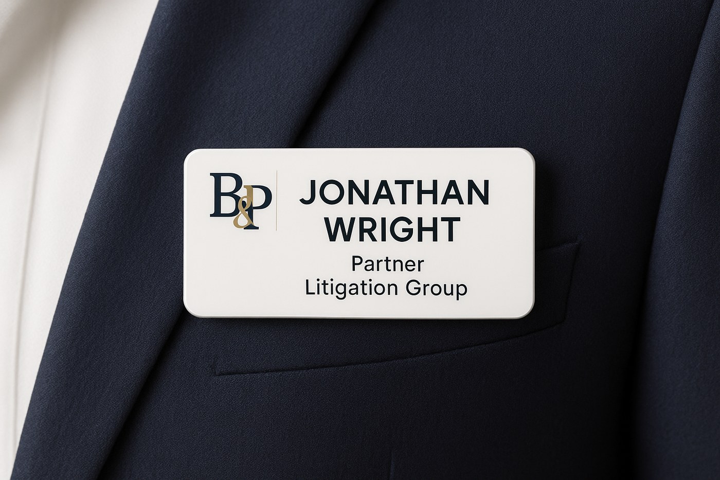 Custom name badge with company logo worn on a navy suit lapel
