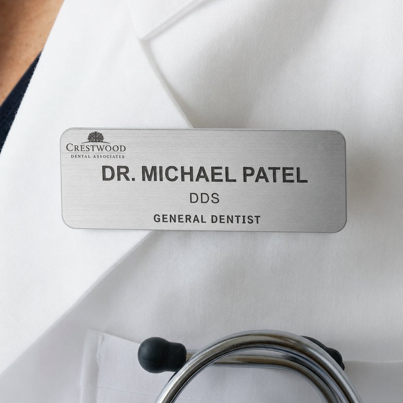 Brushed aluminum name badge worn on a dentist's white clinical coat reading Dr. Michael Patel DDS