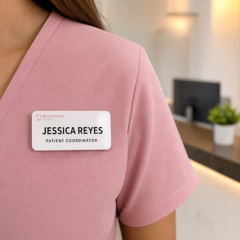 Glossy white plastic name badge on pink scrubs reading Jessica Reyes Patient Coordinator
