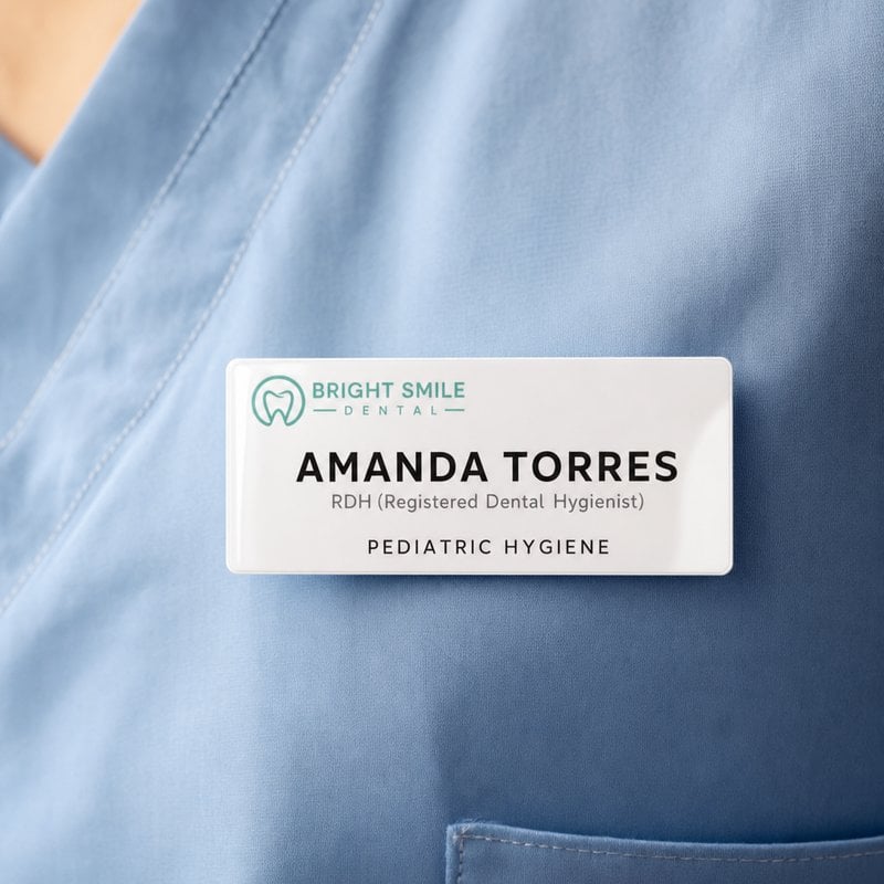 Glossy white plastic name badge worn on dental hygienist scrubs reading Amanda Torres RDH