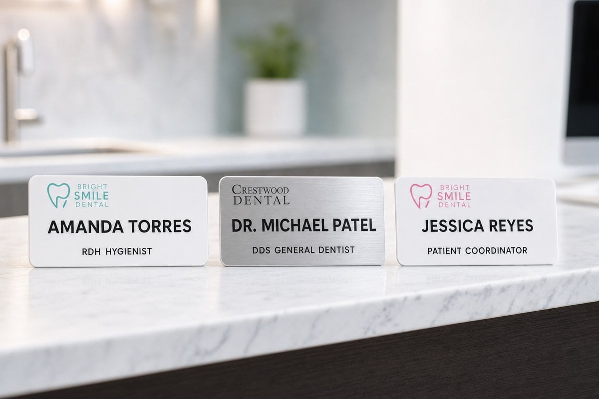 Three dental team name badges side by side: hygienist RDH in glossy white plastic, DDS dentist in brushed aluminum, and front desk receptionist in glossy white plastic