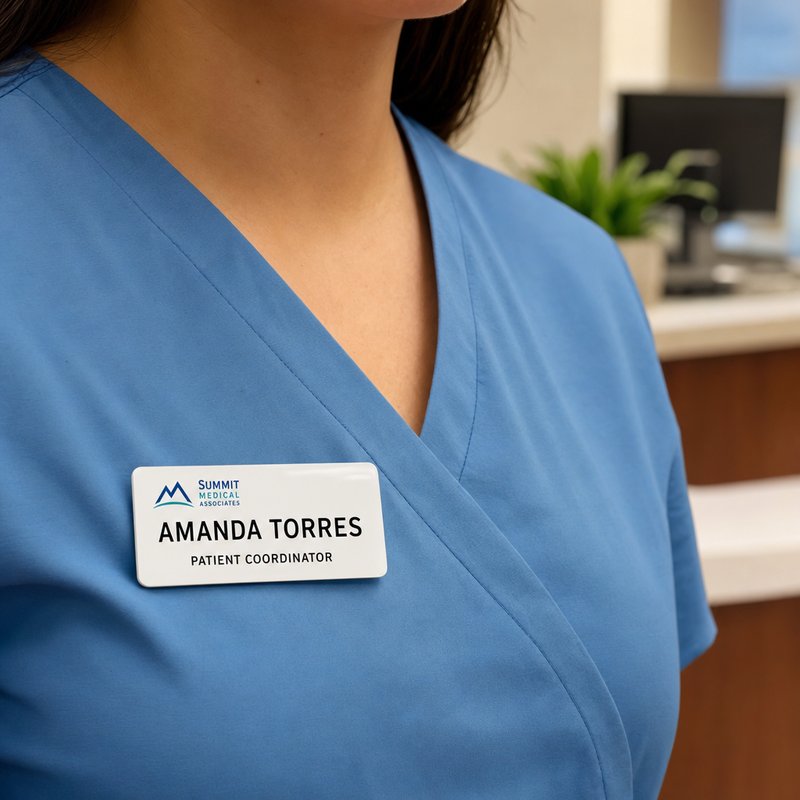 Glossy white plastic name badge worn on soft blue scrubs at a doctor office front desk