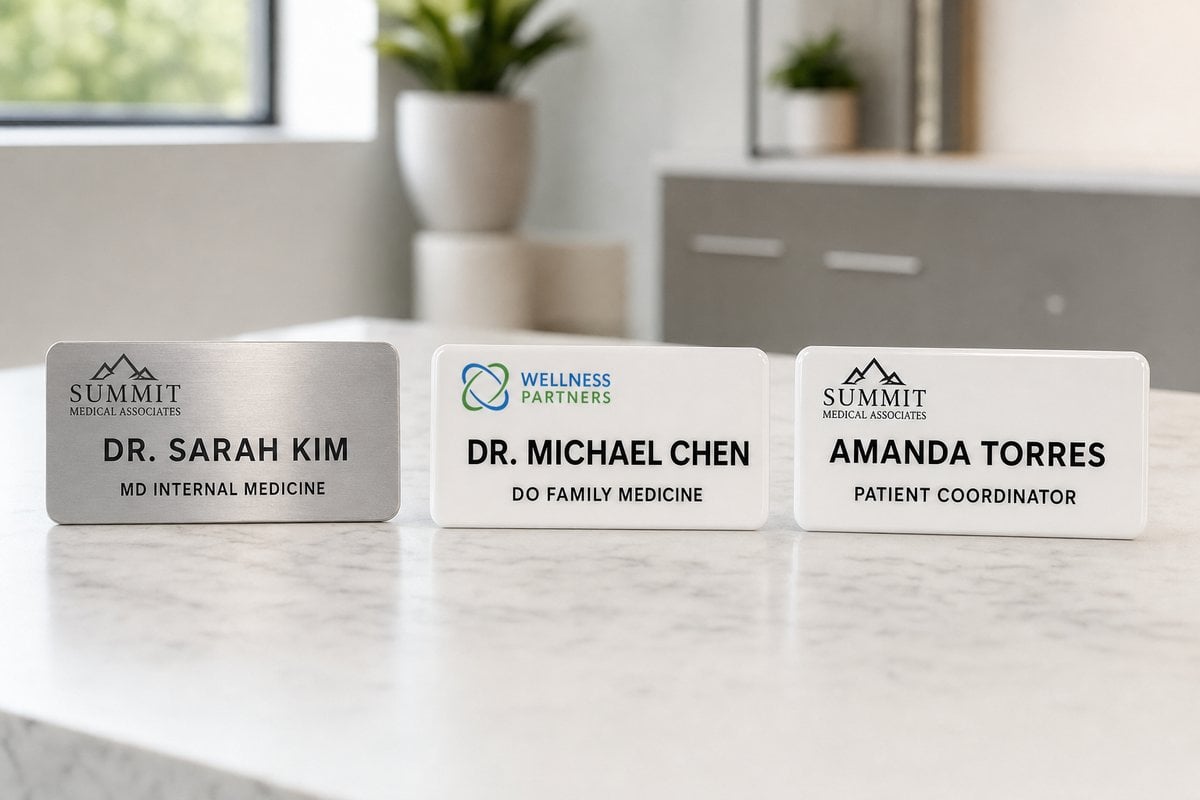 Three doctor name badges arranged on white marble: brushed aluminum MD, glossy plastic DO, and patient coordinator badge