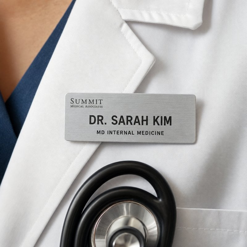 Brushed aluminum name badge worn on a physician white clinical coat reading Dr. Sarah Kim MD Internal Medicine