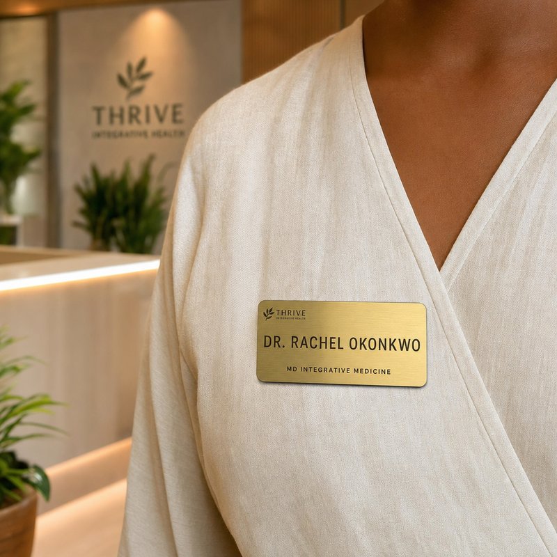 Brushed gold integrative medicine doctor name badge worn on a cream linen uniform
