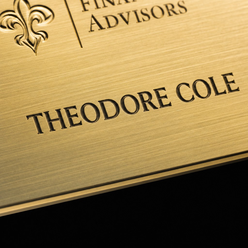 Detail of laser-engraved brushed metal name tag
