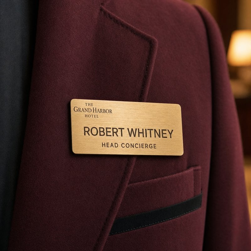Brushed gold engraved hotel concierge name badge worn on a burgundy hospitality uniform lapel
