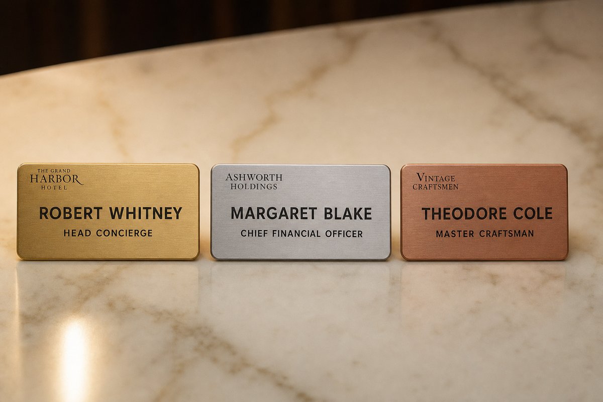 Three premium engraved name badges in brushed gold, brushed aluminum, and brushed copper