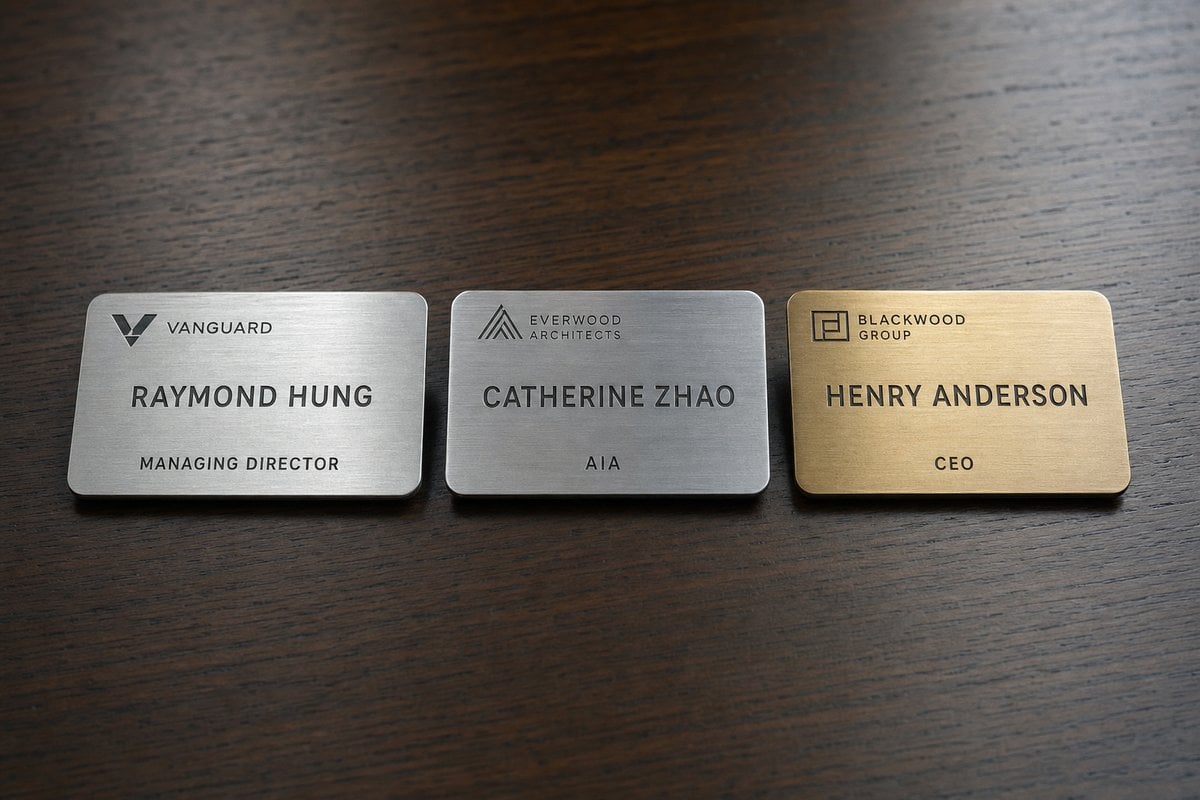 Three engraved name tags lineup: brushed aluminum, brushed stainless steel, and brushed brass