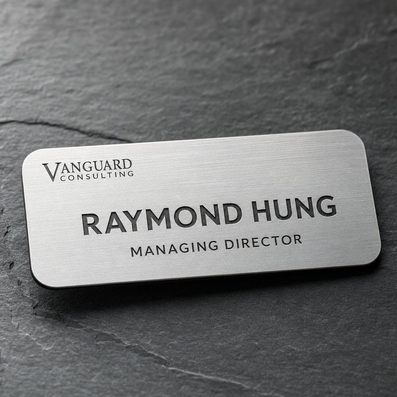 Brushed aluminum engraved name tag laying flat on a dark slate surface showing deep laser engraving