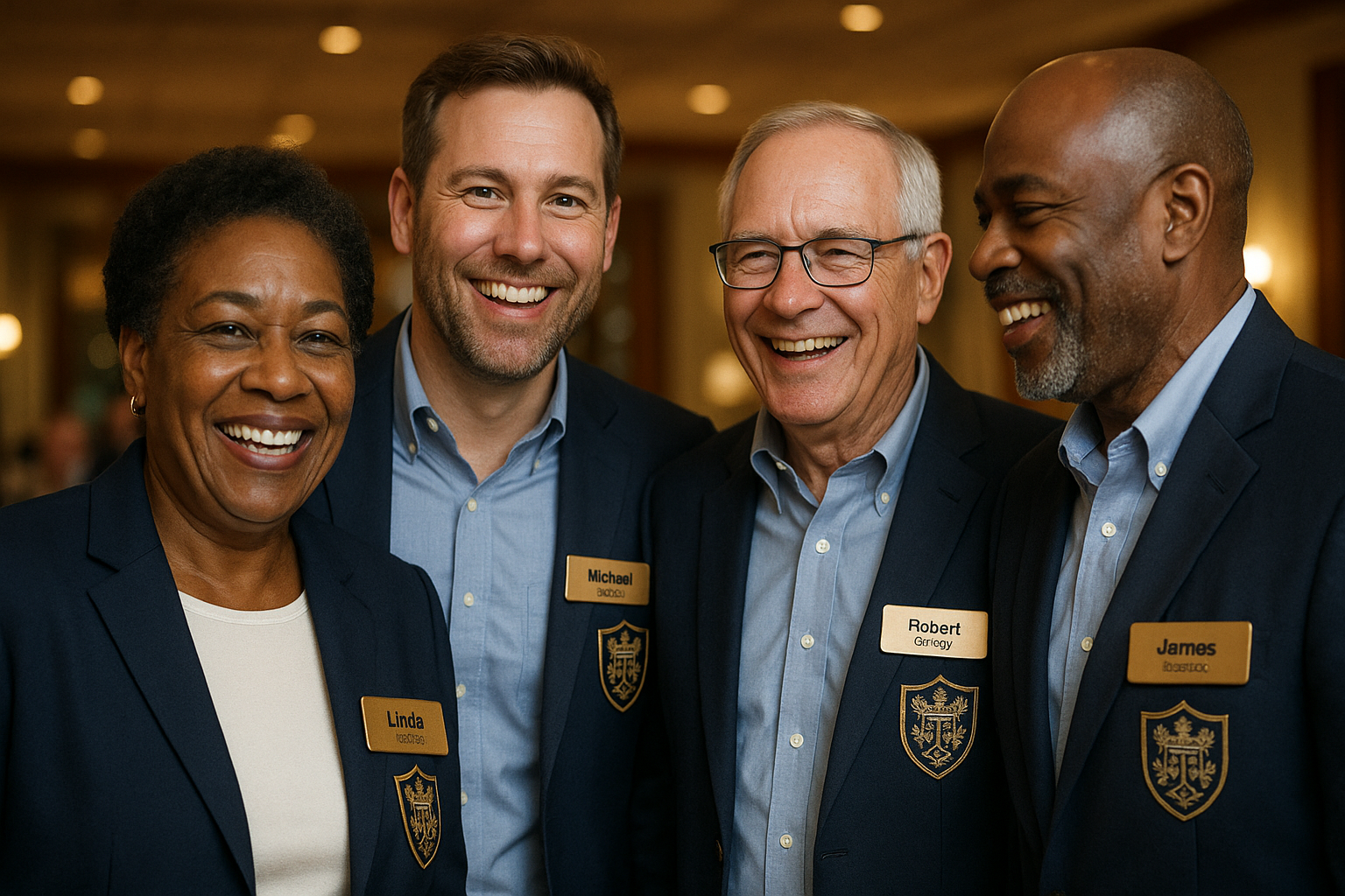 Civic club and fraternity alumni members wearing custom name badges at an event