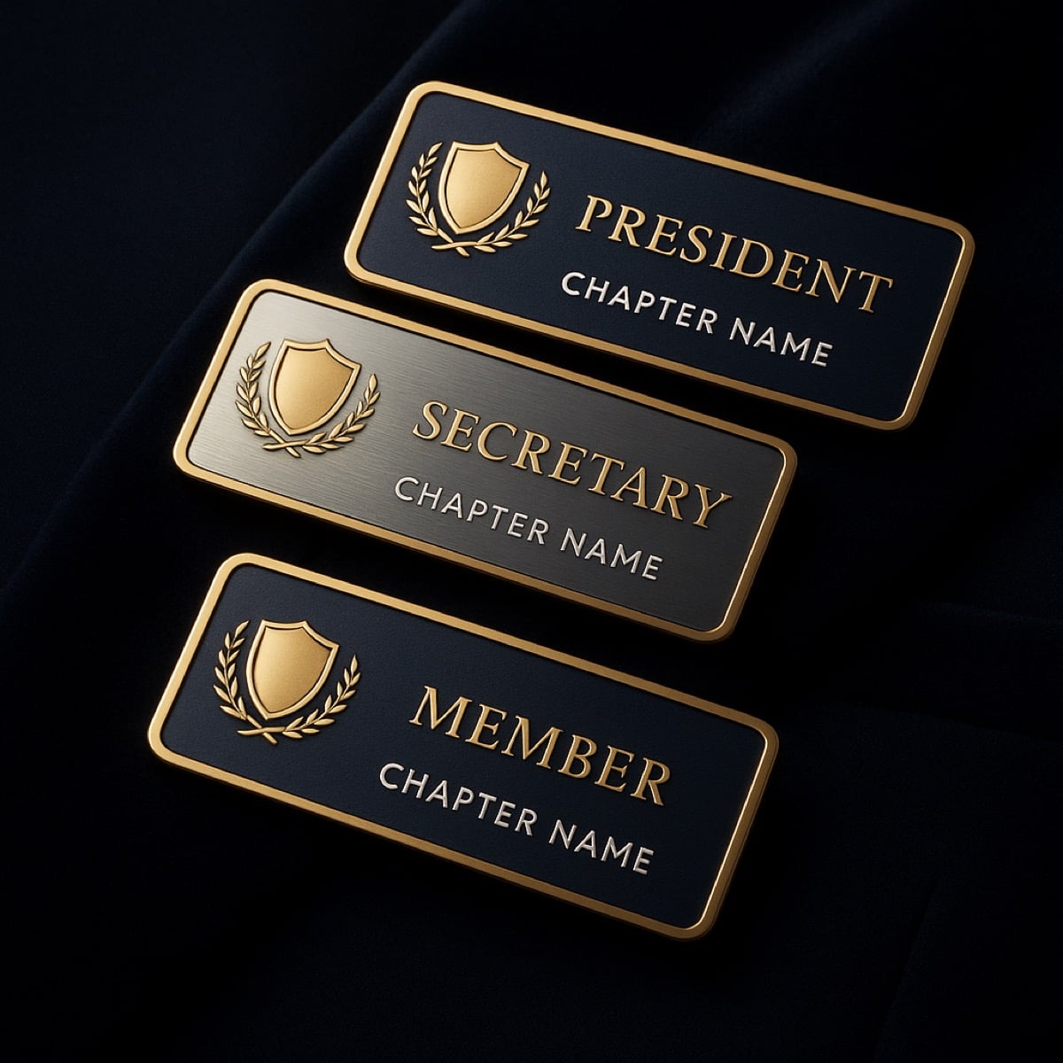 Custom fraternal lodge name badges: President, Secretary and Member with a generic gold crest, made in USA