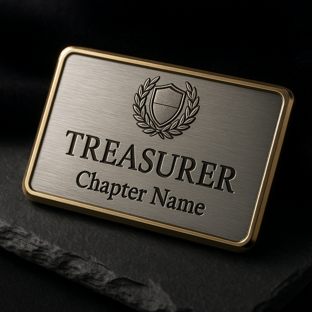 Brushed metal engraved fraternal officer name badge with a generic crest