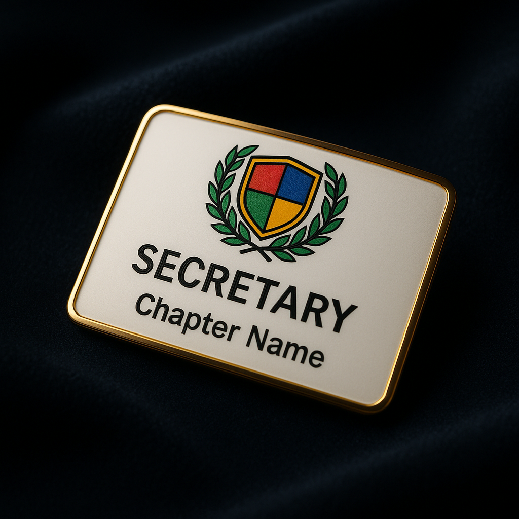 Full-color printed fraternal club name badge with a generic crest, made in USA