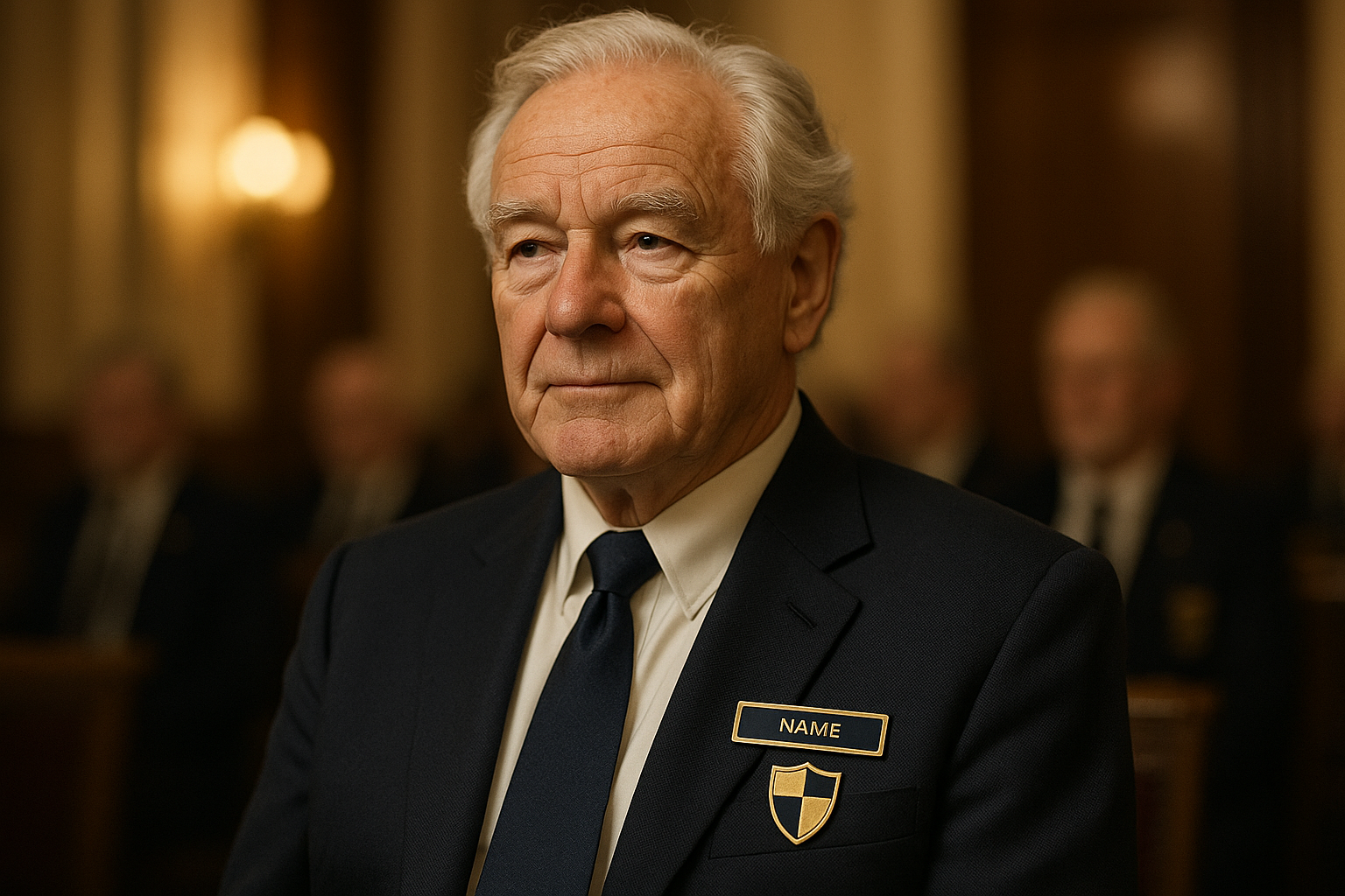 Lodge officer wearing a gold and navy custom name badge on a club blazer
