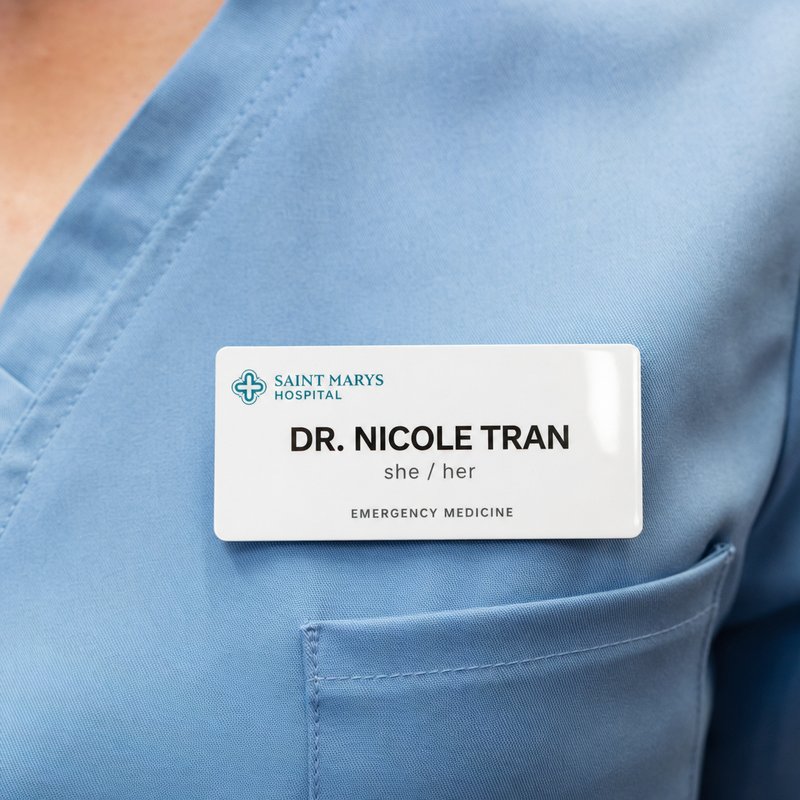 Glossy white plastic name badge with pronouns worn on blue medical scrubs, reading Dr. Nicole Tran, she/her, Emergency Medicine