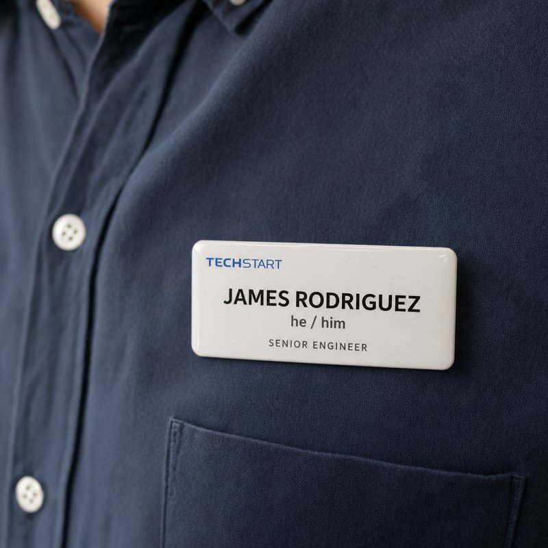 Glossy white plastic name badge: James Rodriguez, he/him, Senior Engineer