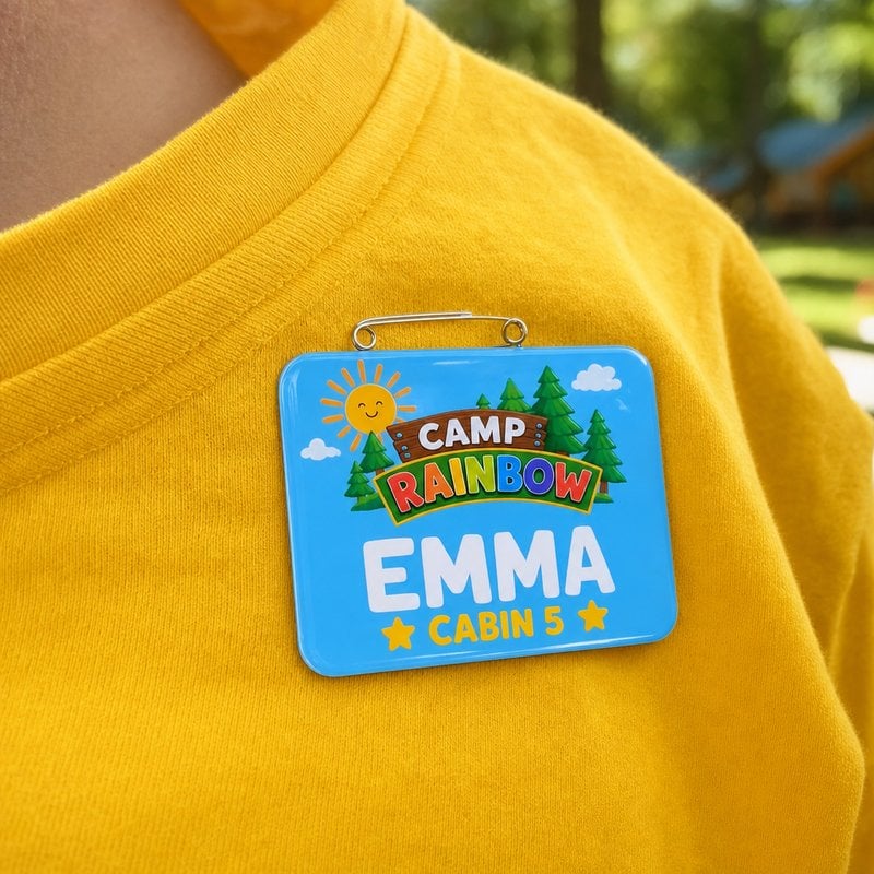 Bright sky blue kids name badge with summer camp logo attached with safety pin to a yellow camp t-shirt