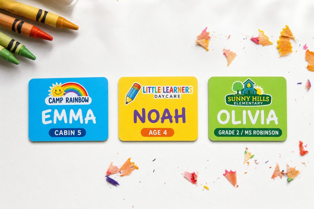 Three bright colorful kids name badges: summer camp, daycare, and elementary school