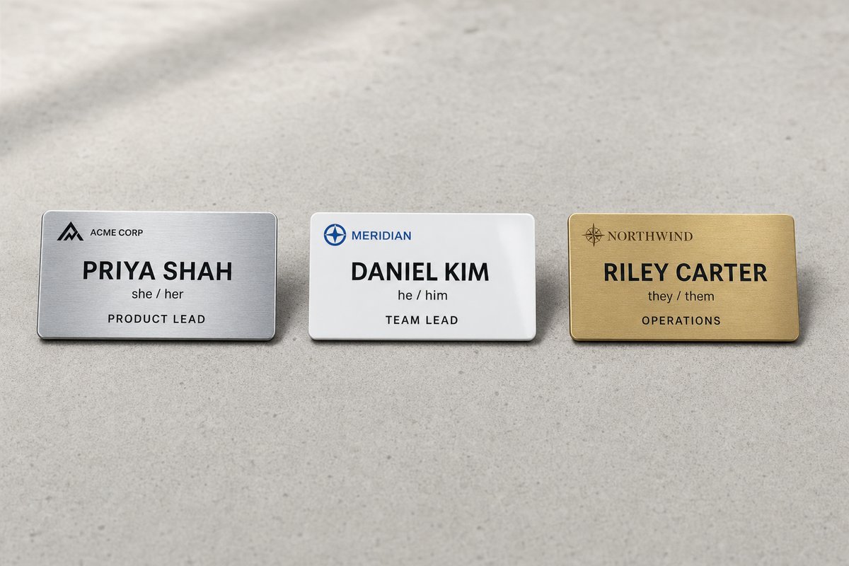 Three inclusive name badges arranged on a concrete surface: brushed aluminum with she/her, glossy white plastic with he/him, brushed gold with they/them