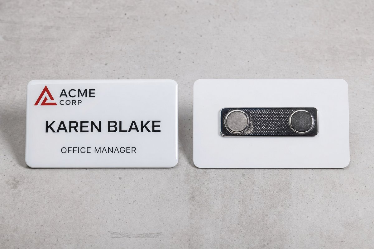 Comparison of magnetic name badge front and back showing the magnetic backing mechanism