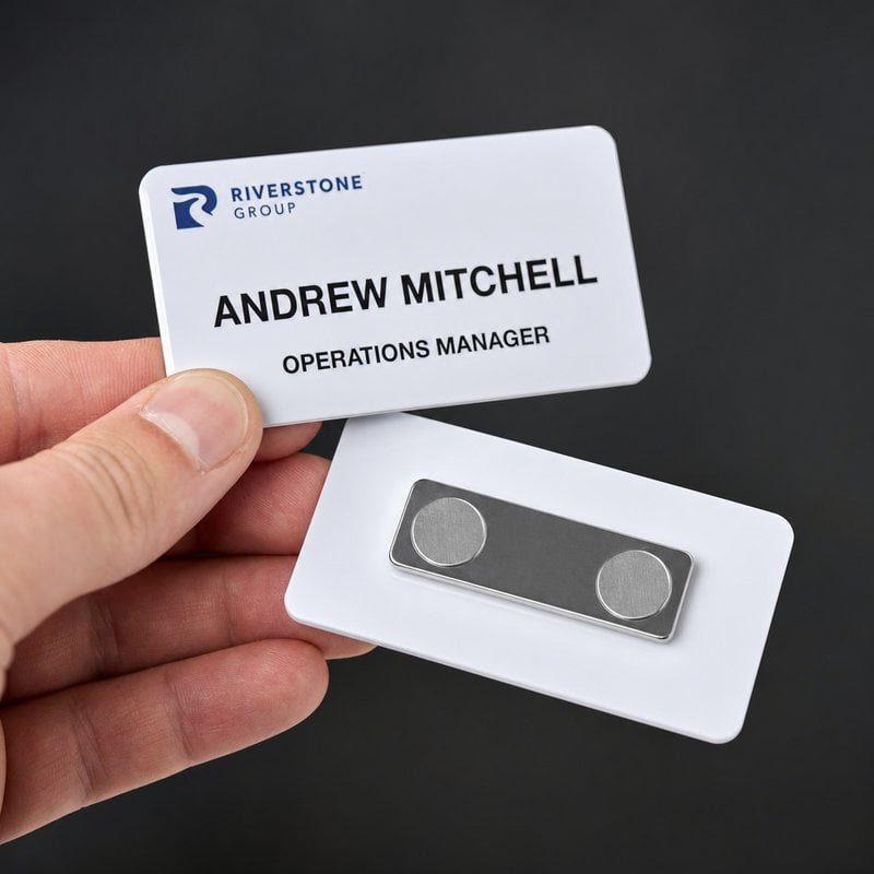 Magnetic name badge showing front design and N52 neodymium magnetic backing