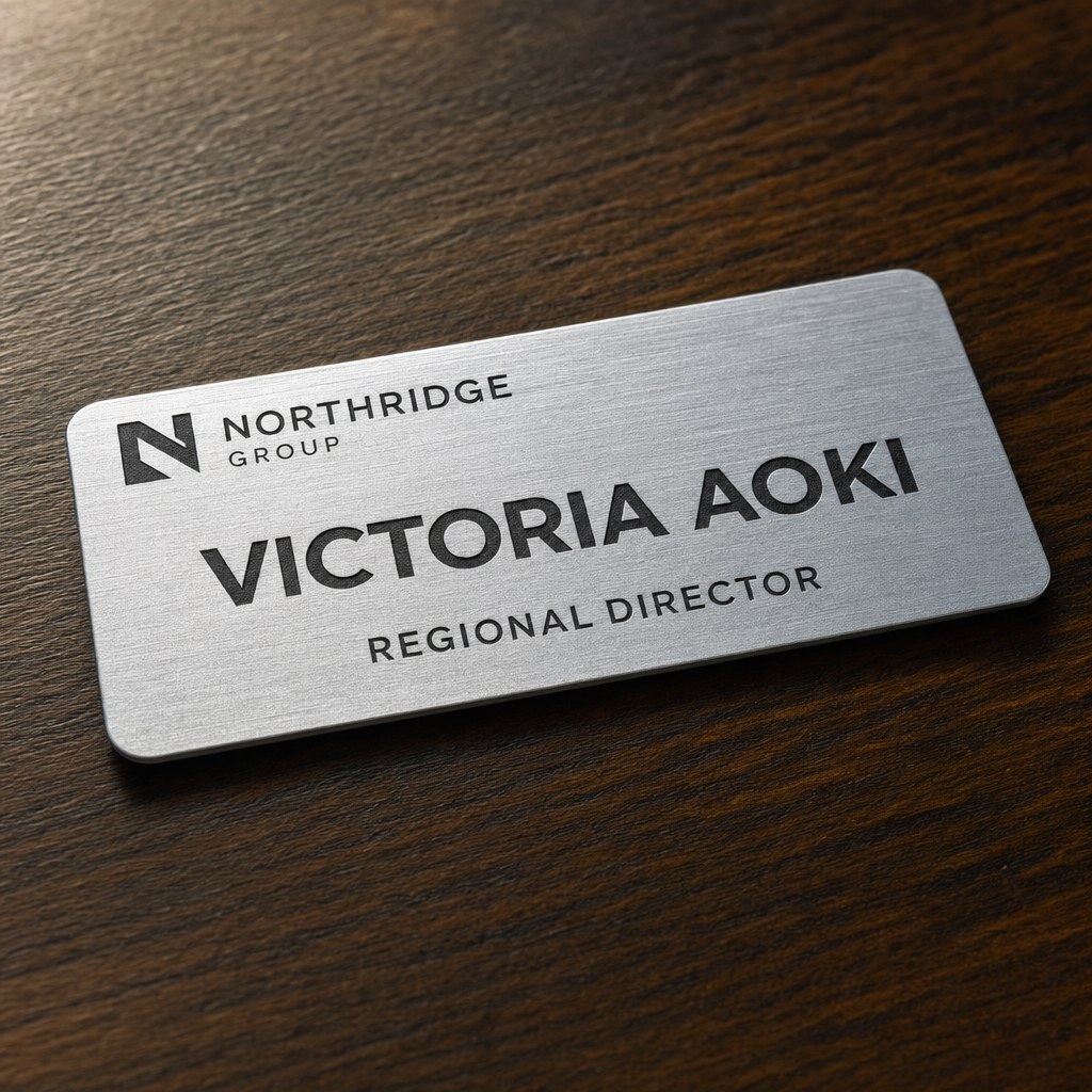 Brushed silver aluminum name tag with engraved text