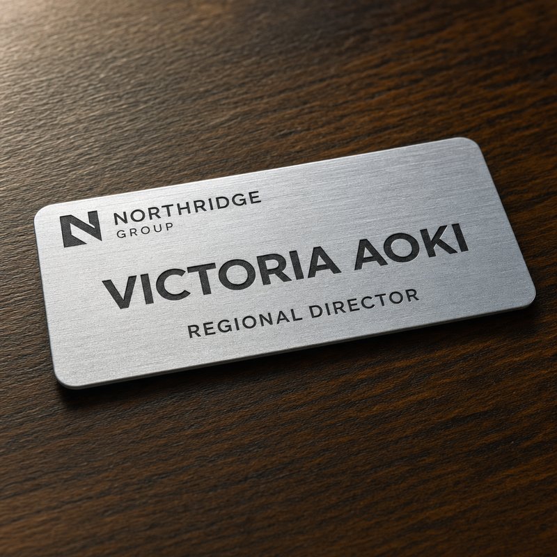 Brushed aluminum name badge with laser-engraved text on a dark wood surface