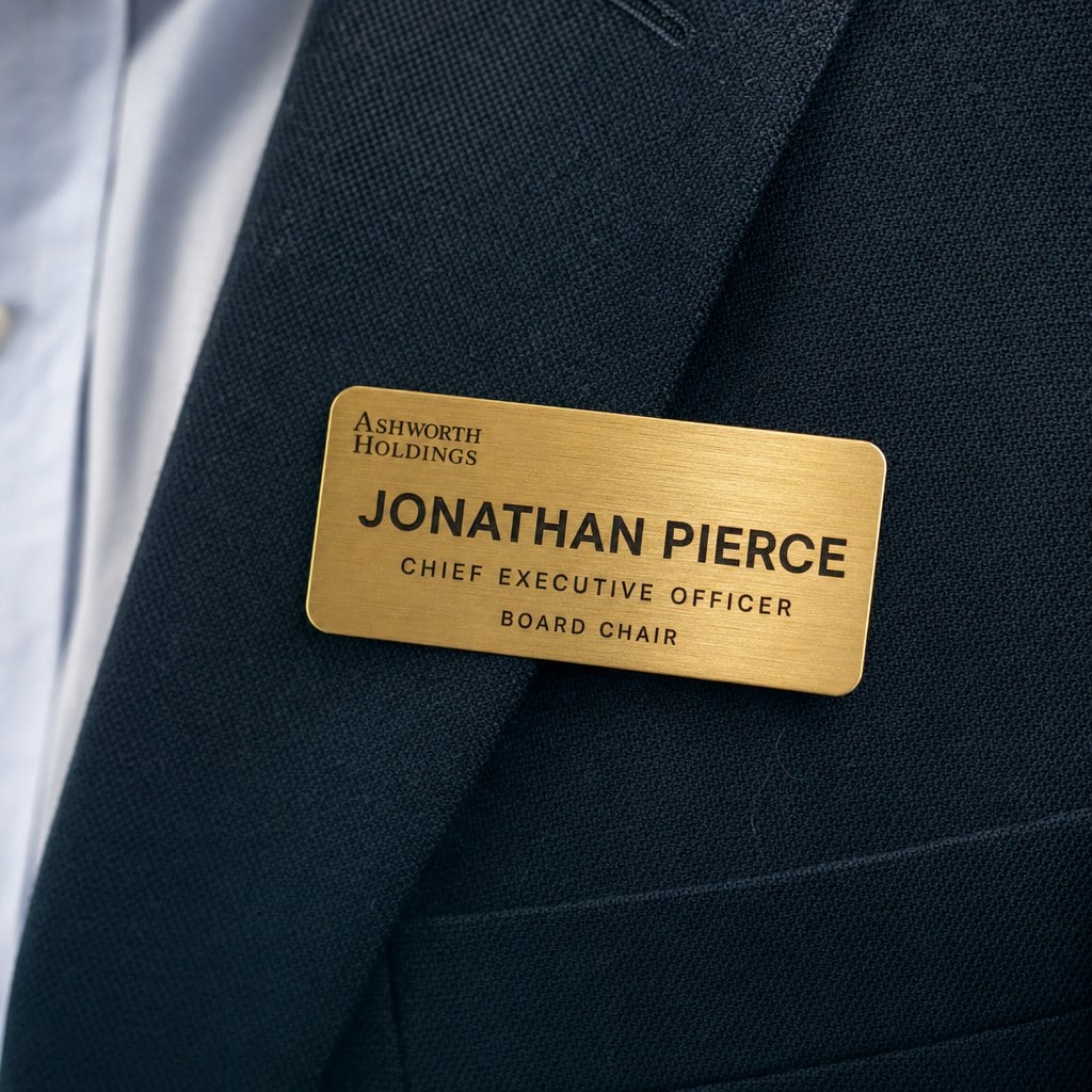 Brushed gold name tag with engraved text