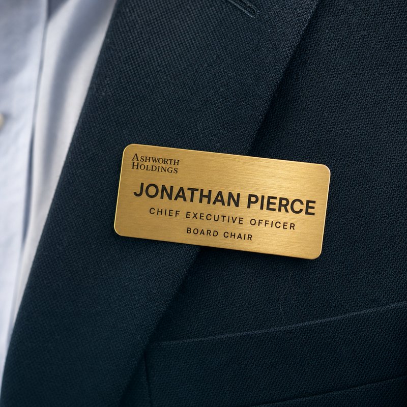 Brushed gold name badge with warm satin tone worn on a navy suit lapel