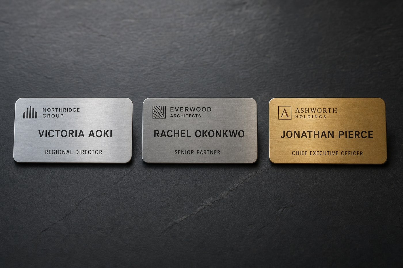 Premium engraved metal name badges in brushed silver, brushed gold, and brushed stainless steel