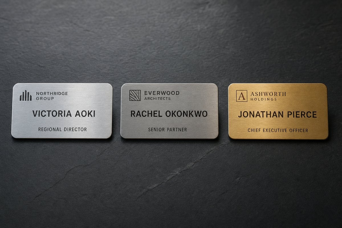 Three brushed metal name badges in a row: brushed aluminum, brushed stainless steel, and brushed gold, each laser-engraved